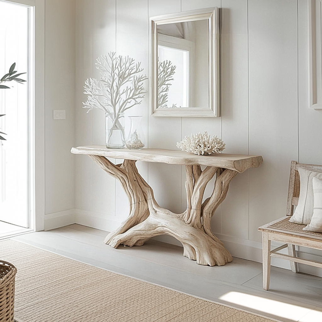 Console Table, Coastal Rustic Solid Wood Entryway Table with Shelves