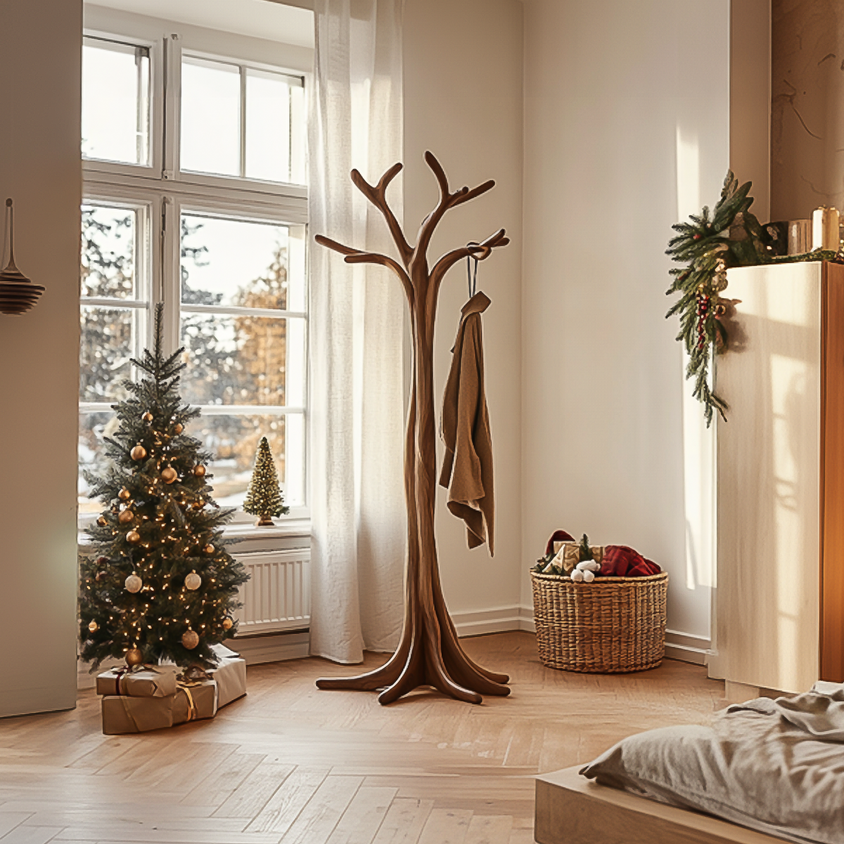 Tree Branch Coat Rack Freestanding, Rustic Solid Wood Hat Stand