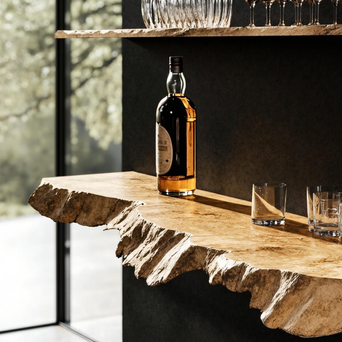 Floating Bar Shelf, Rustic Natural Wood Wall Shelf for Home Bars