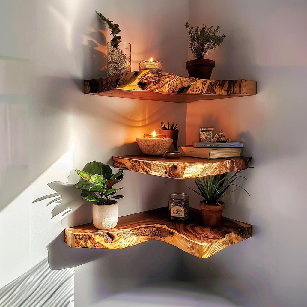 Corner Wall Shelf, Mid Century Floating Bookcase in Natural Wood