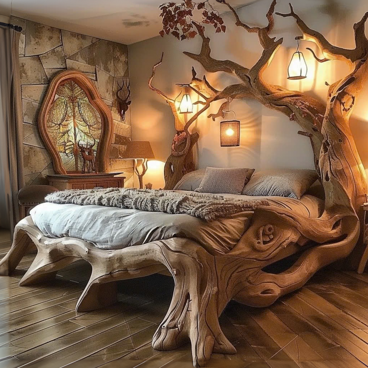 Rustic Solid Wood Bed Frame, Curved Natural Edge Queen or King Bed