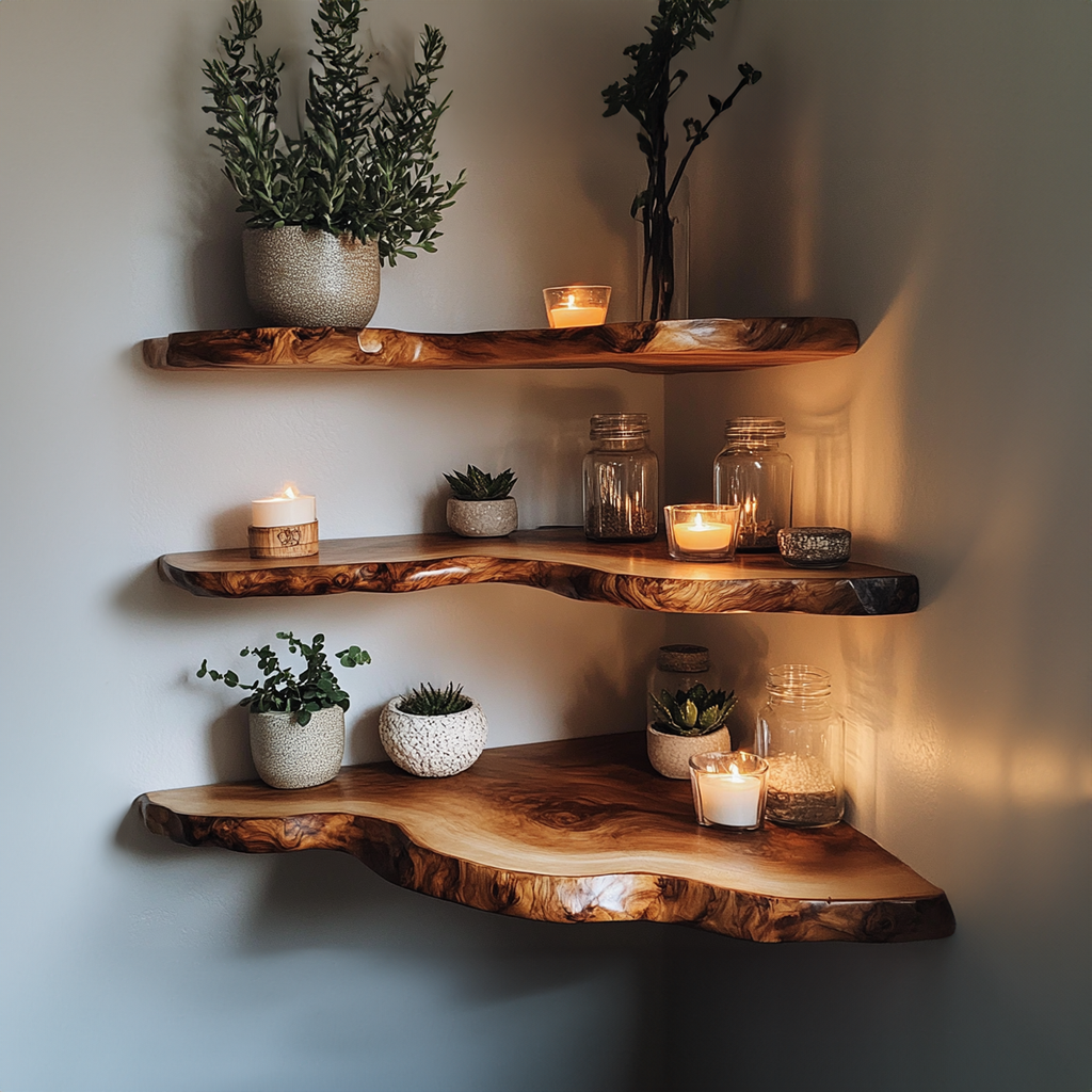 Custom Corner Floating Shelf, Solid Wood Book and Display Shelf
