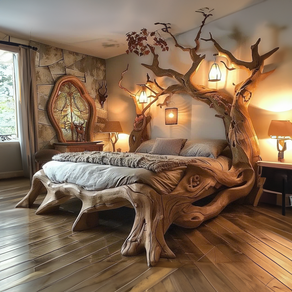 Rustic Solid Wood Bed Frame, Curved Natural Edge Queen or King Bed