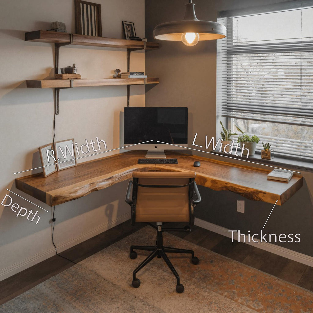 Live Edge Corner Desk, Modern Floating Solid Wood Desk for Home Office