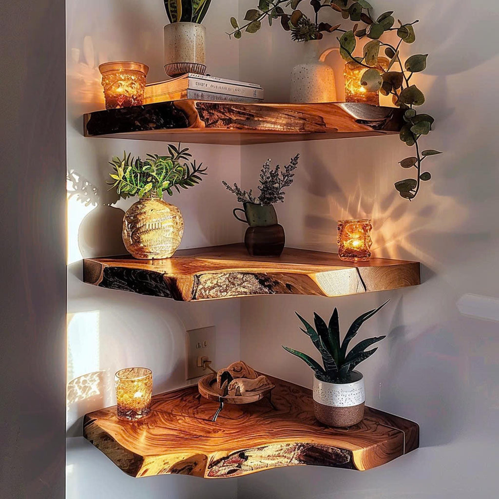 Corner Wall Shelf, Mid Century Floating Bookcase in Natural Wood