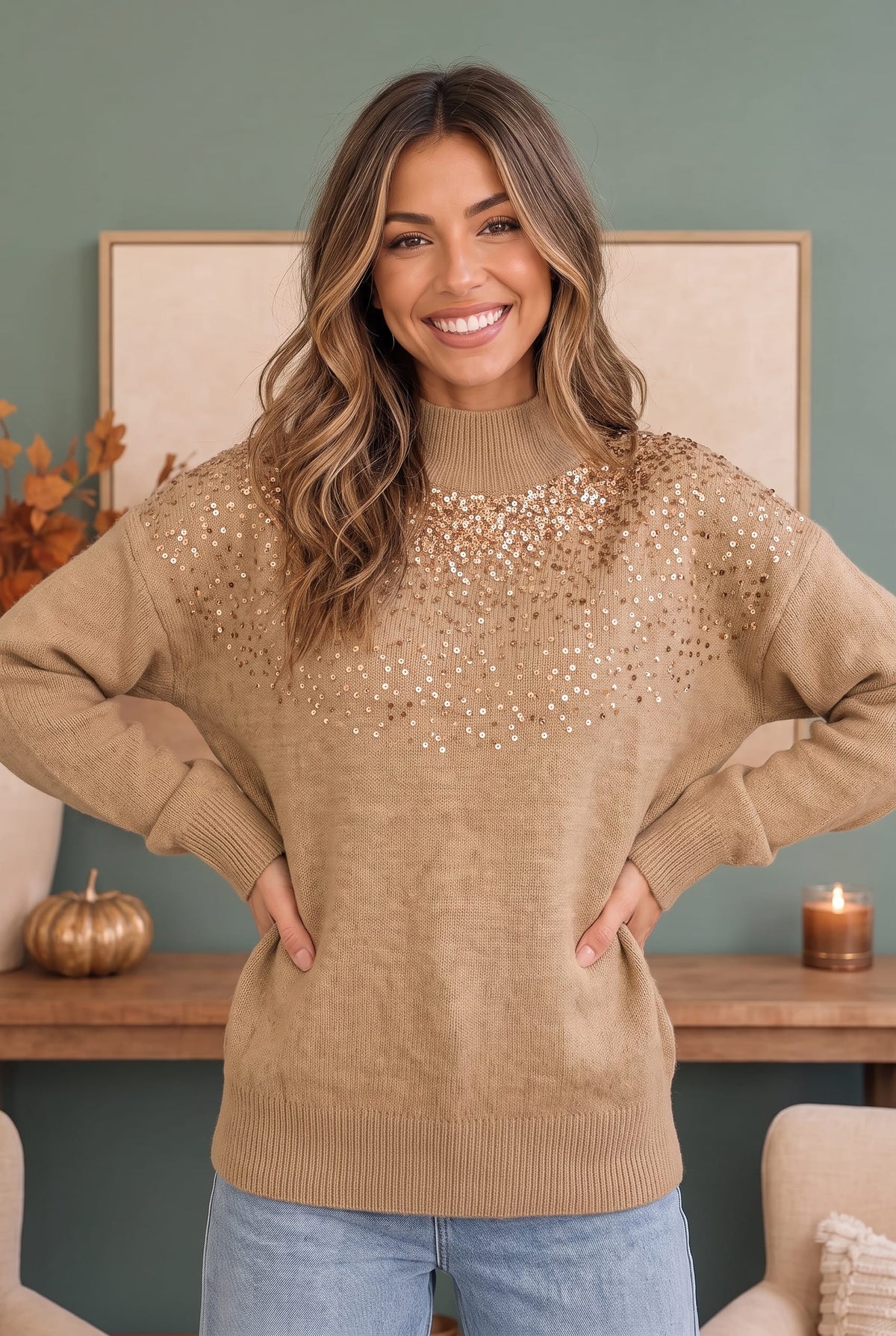 Gilded Warmth Sequin Mock Neck Sweater - view 4