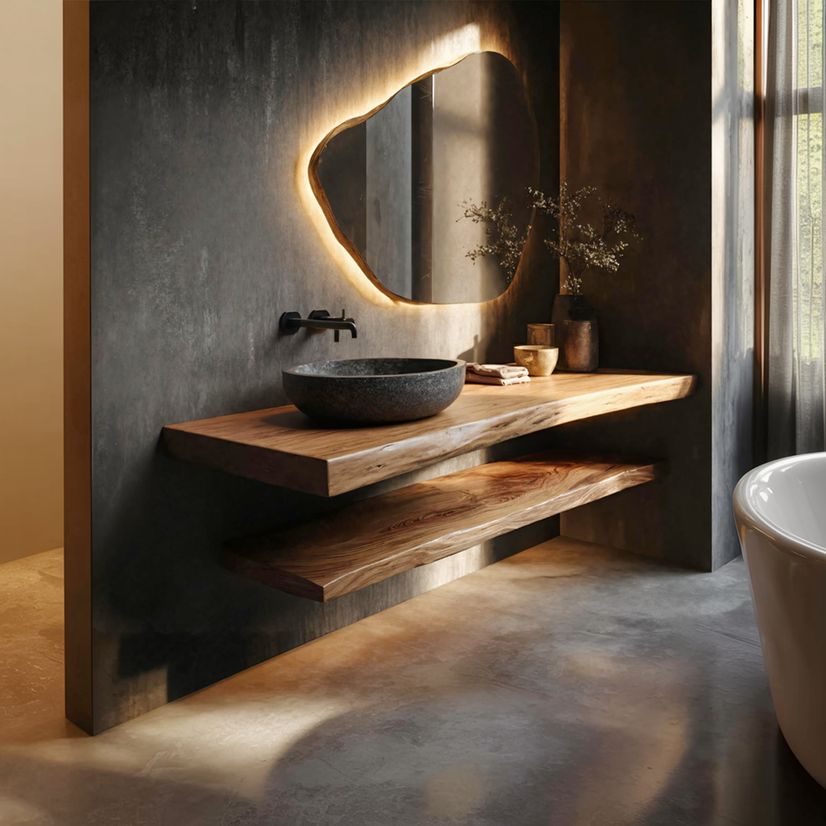 Japandi Bathroom Vanity, Live Edge Solid Wood Sink Stand with Shelf