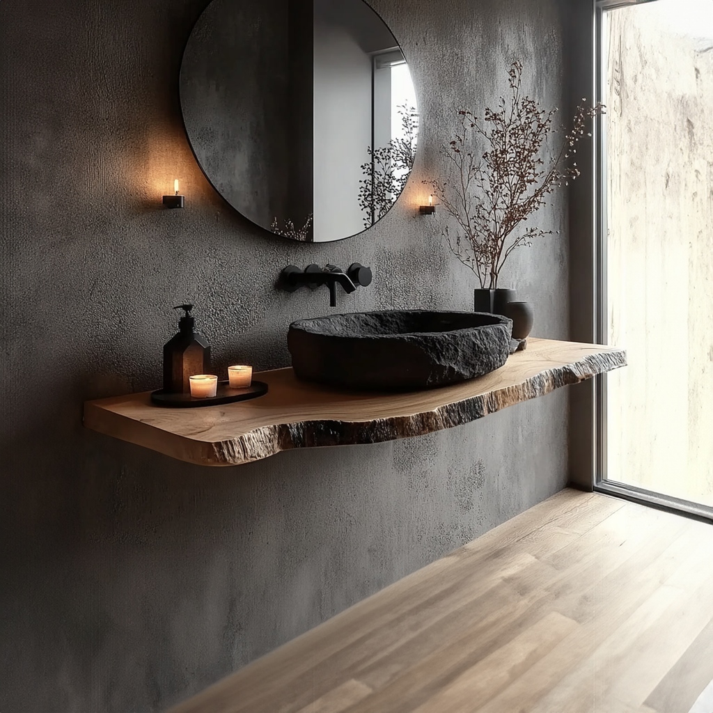 Floating Bathroom Vanity Shelf, Rustic Live Edge Solid Wood Countertop