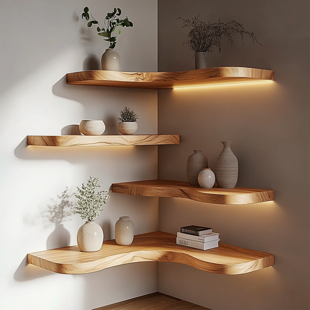 Corner Floating Shelf, Solid Wood Organic Layered Wall Display Shelf