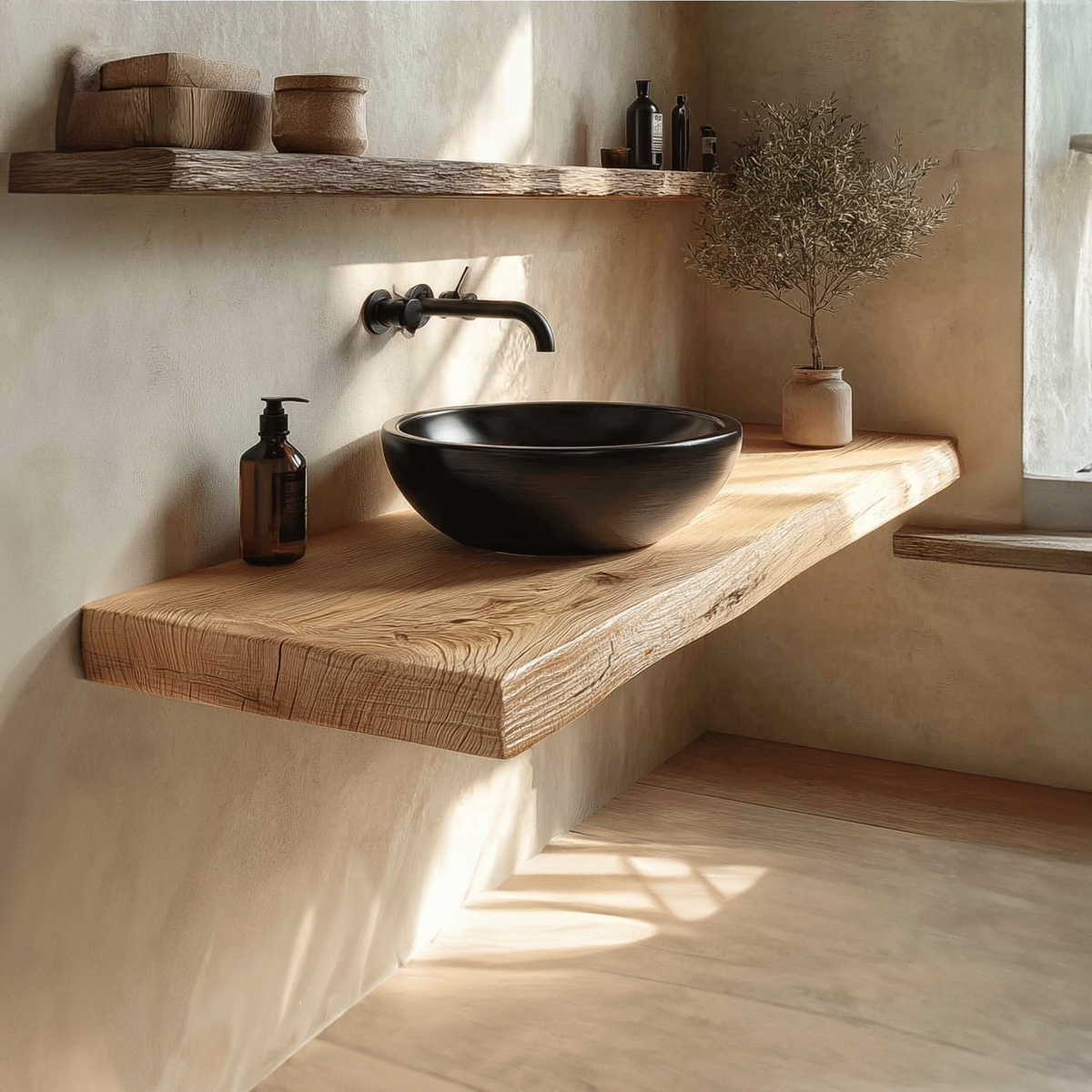 Natural Edge Floating Vanity, Rustic Reclaimed Wood Washroom Shelf