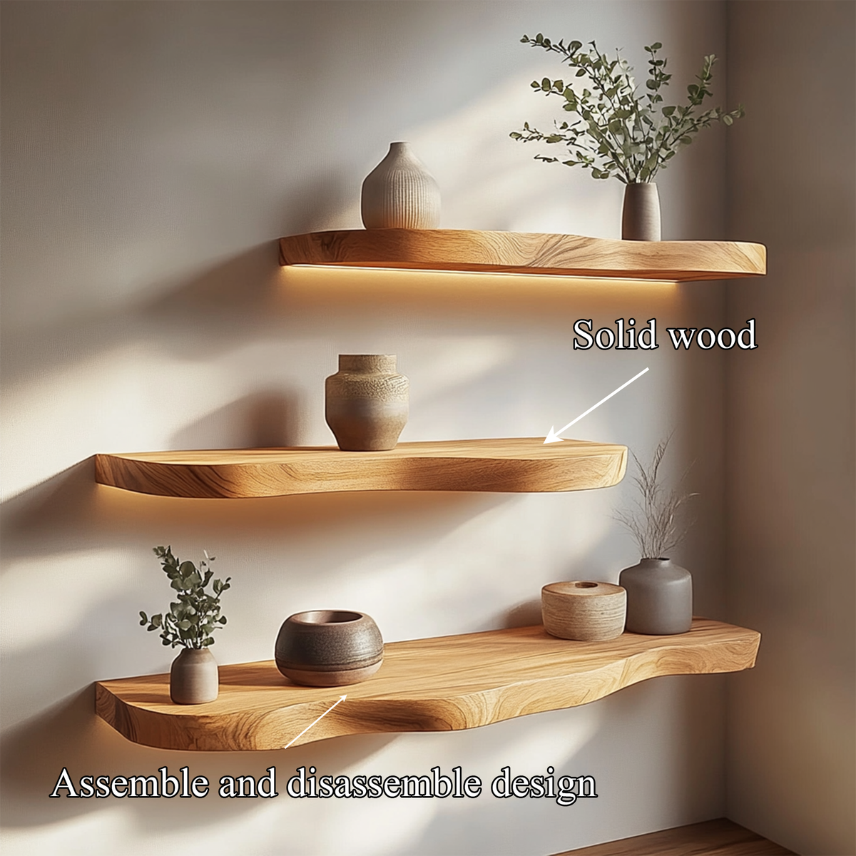 Floating Shelf, Minimal Solid Wood Wall Display Shelf for Living Room