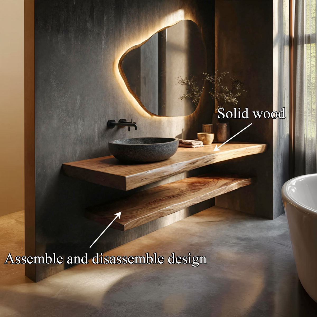 Japandi Bathroom Vanity, Live Edge Solid Wood Sink Stand with Shelf