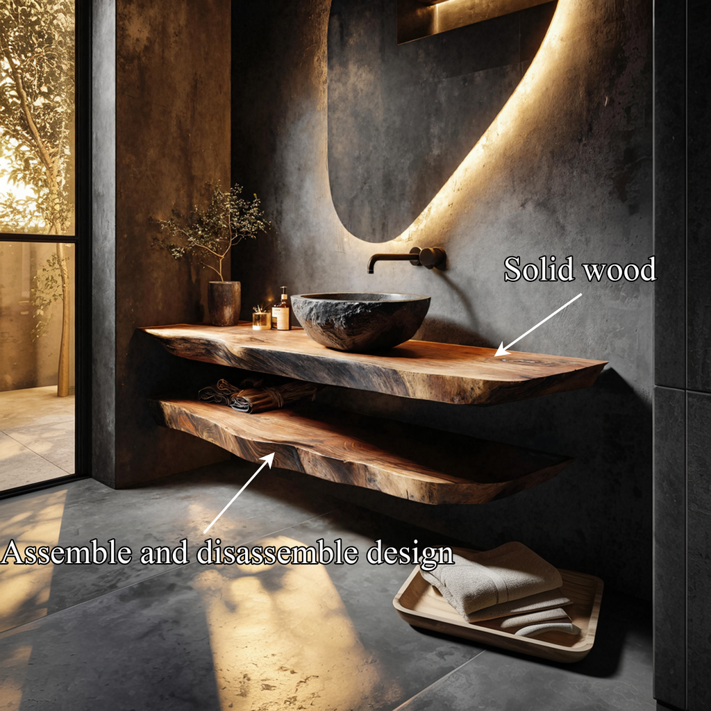 Modern Rustic Bathroom Vanity, Solid Wood Basin Stand with Open Shelf