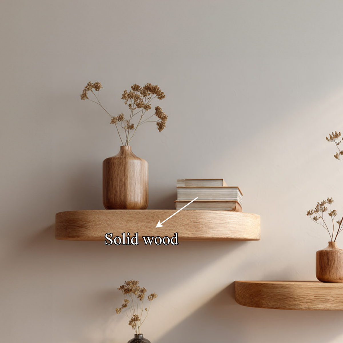 Mid Century Floating Shelf, Solid Wood Wall Shelf with Branch Support