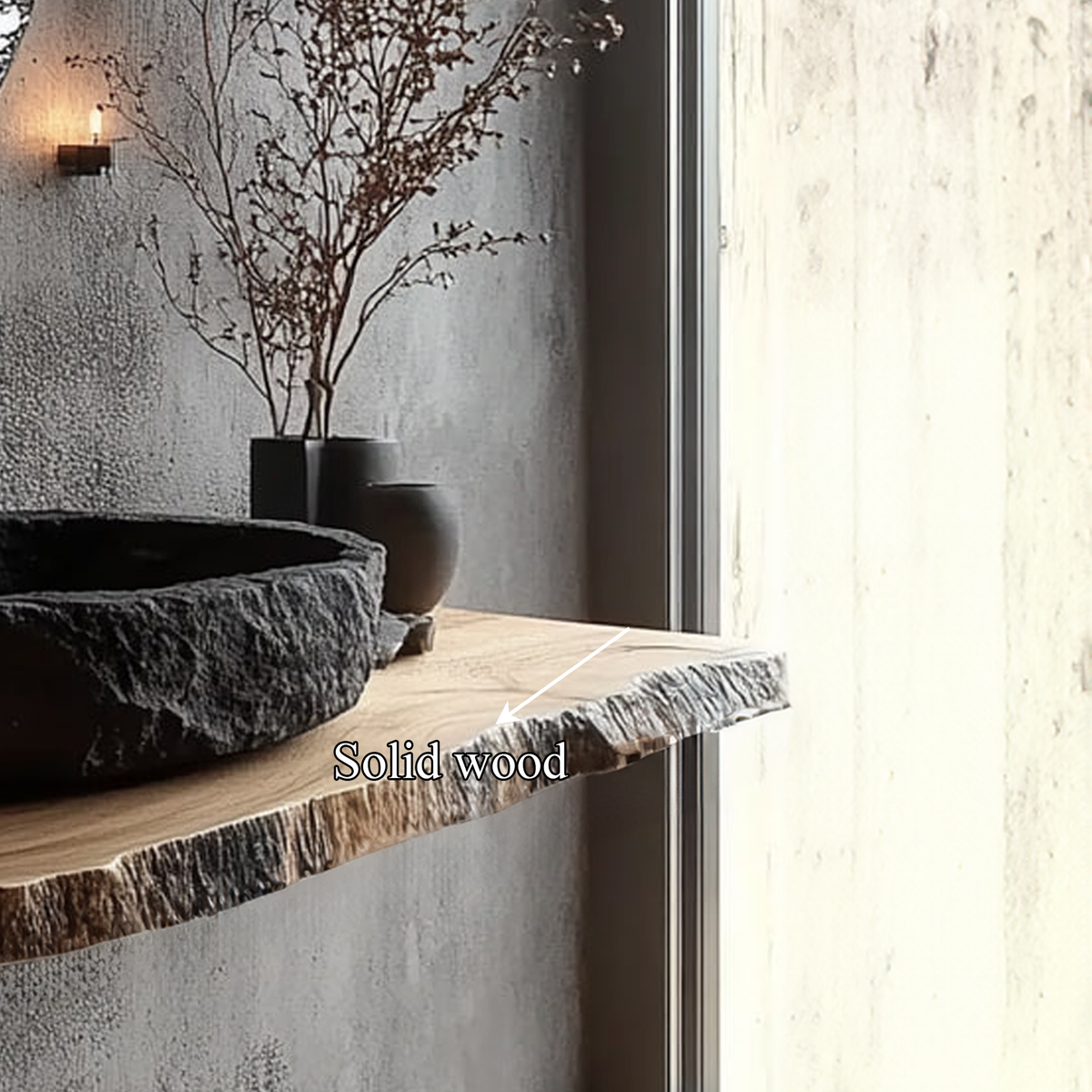 Floating Bathroom Vanity Shelf, Rustic Live Edge Solid Wood Countertop