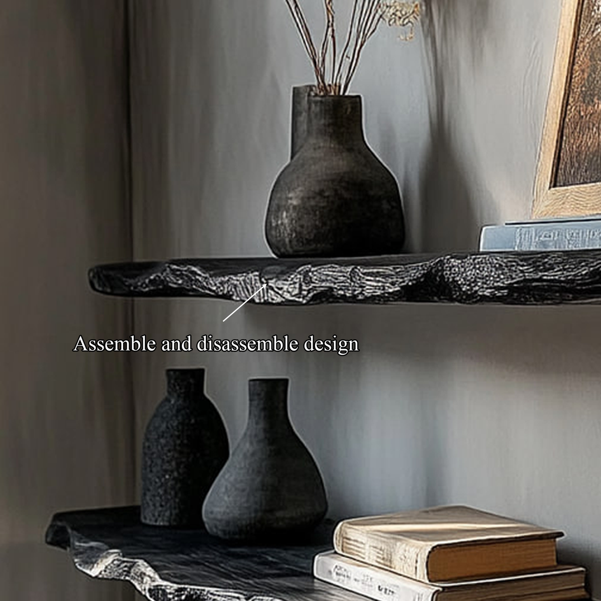 Black Live Edge Floating Shelf Rustic Modern Solid Wood Wall Shelf