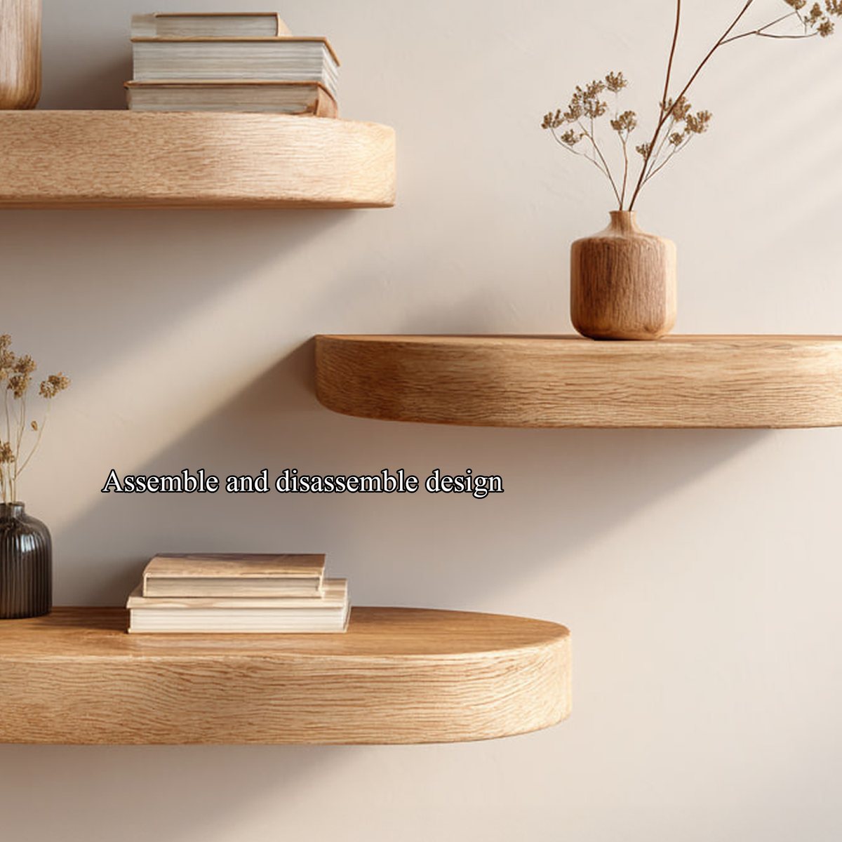 Mid Century Floating Shelf, Solid Wood Wall Shelf with Branch Support