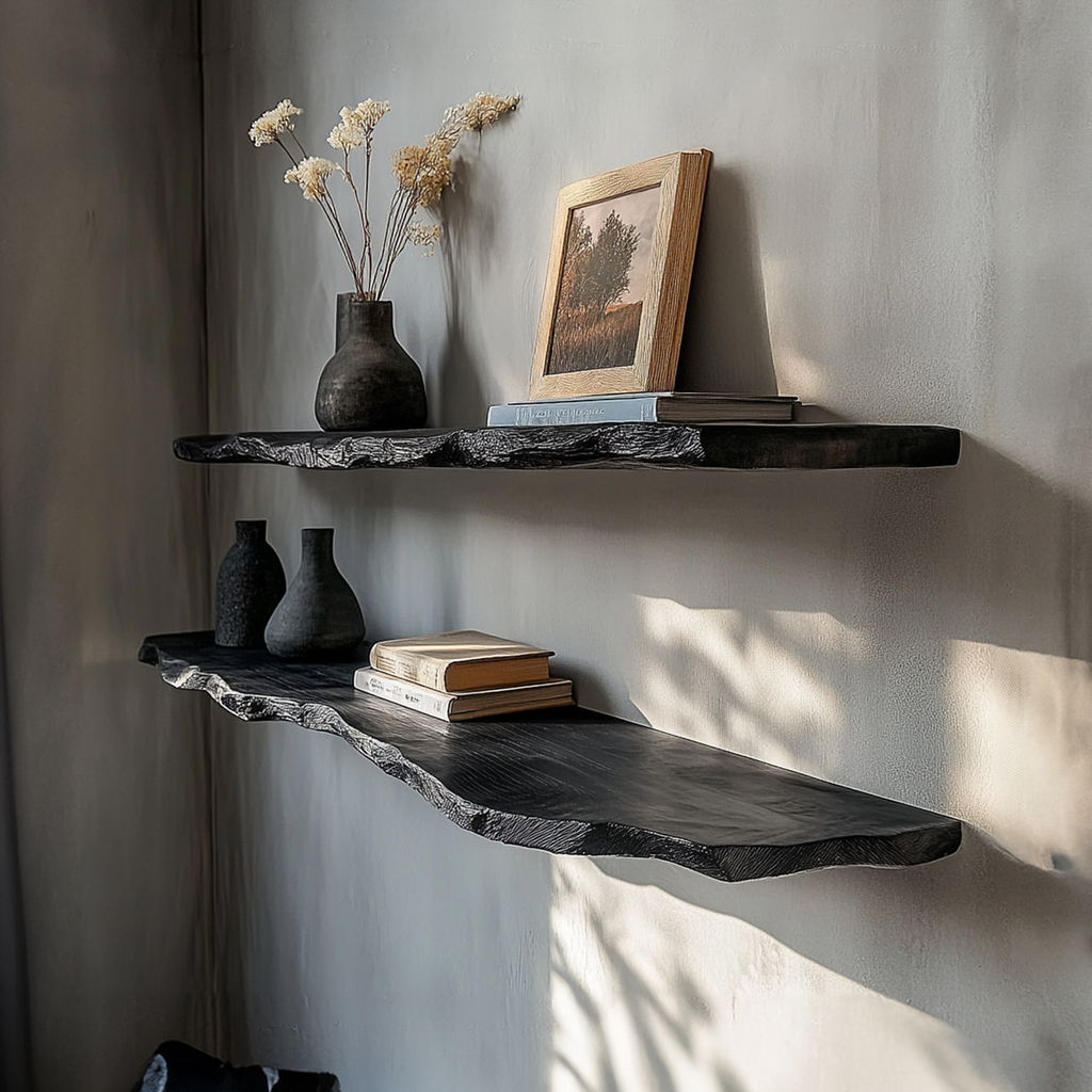 Black Live Edge Floating Shelf Rustic Modern Solid Wood Wall Shelf