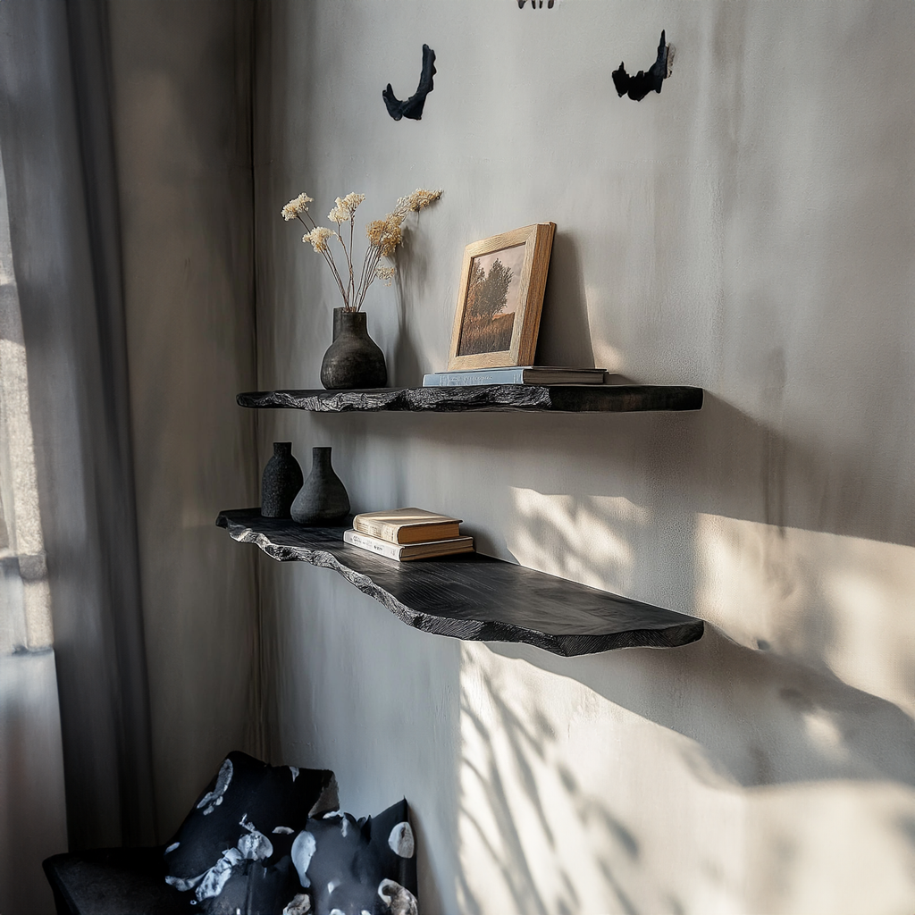 Black Live Edge Floating Shelf Rustic Modern Solid Wood Wall Shelf