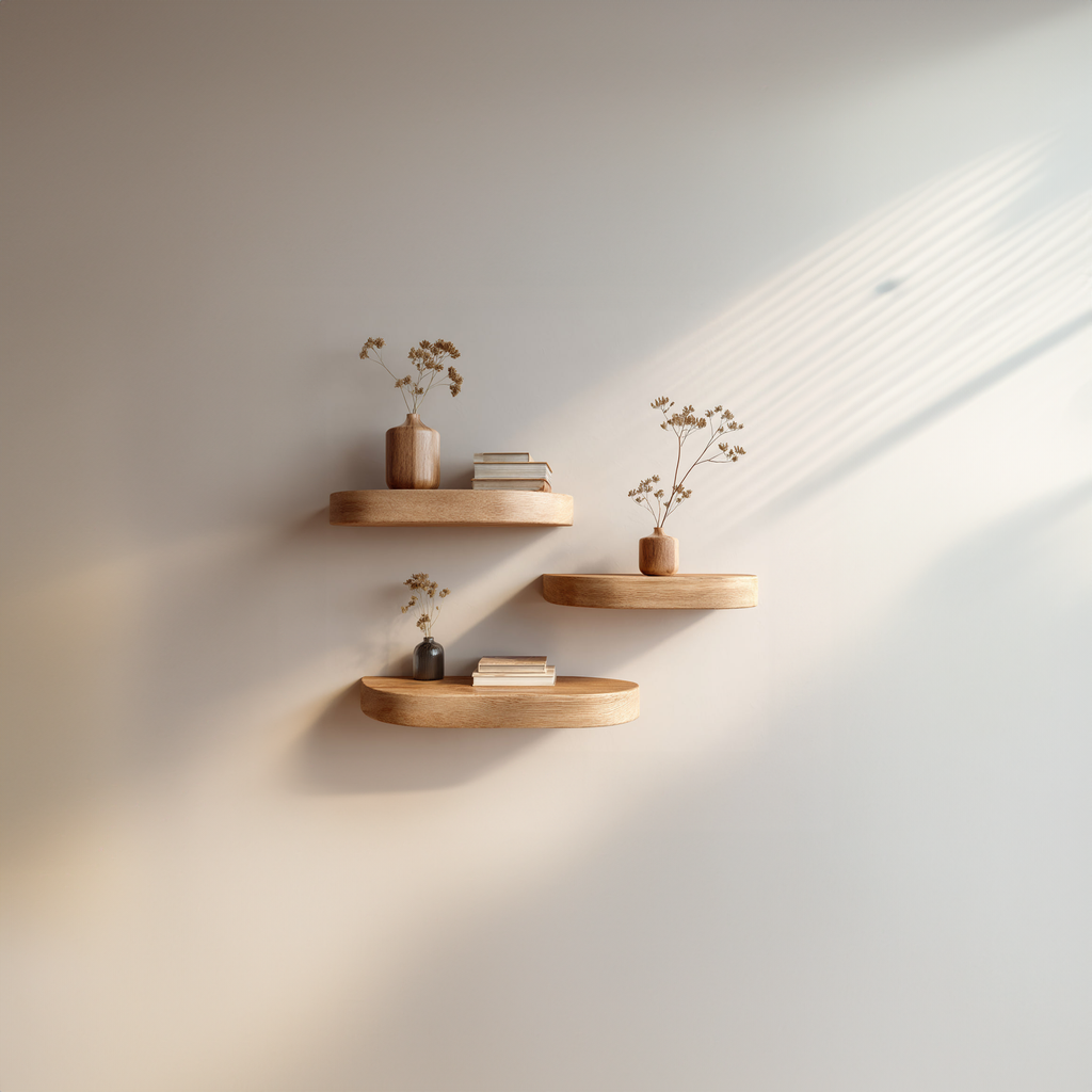 Mid Century Floating Shelf, Solid Wood Wall Shelf with Branch Support