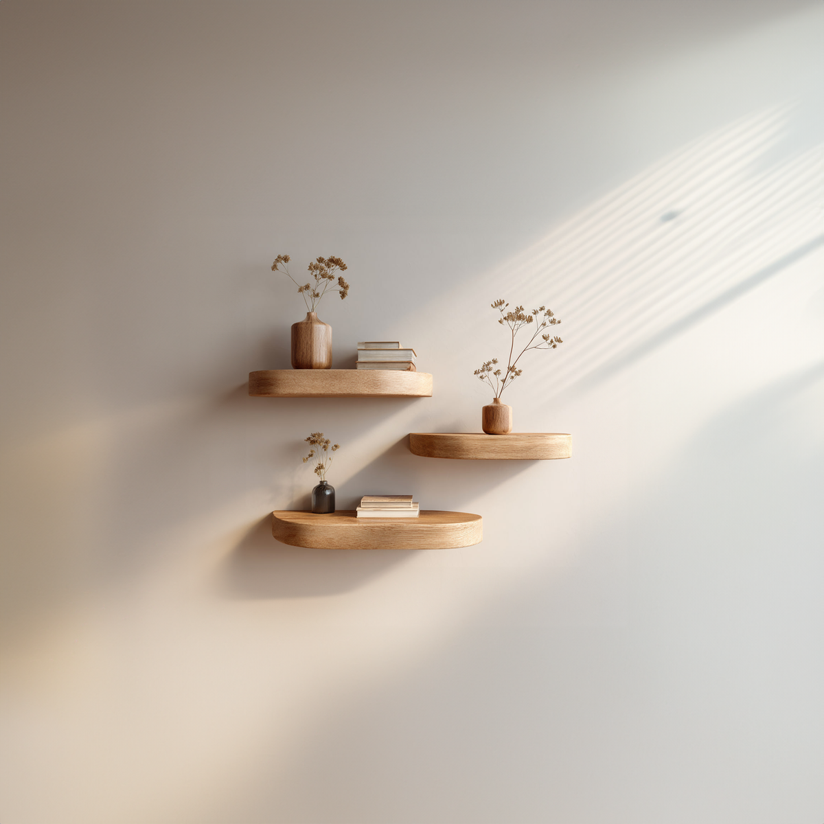 Mid Century Floating Shelf, Solid Wood Wall Shelf with Branch Support