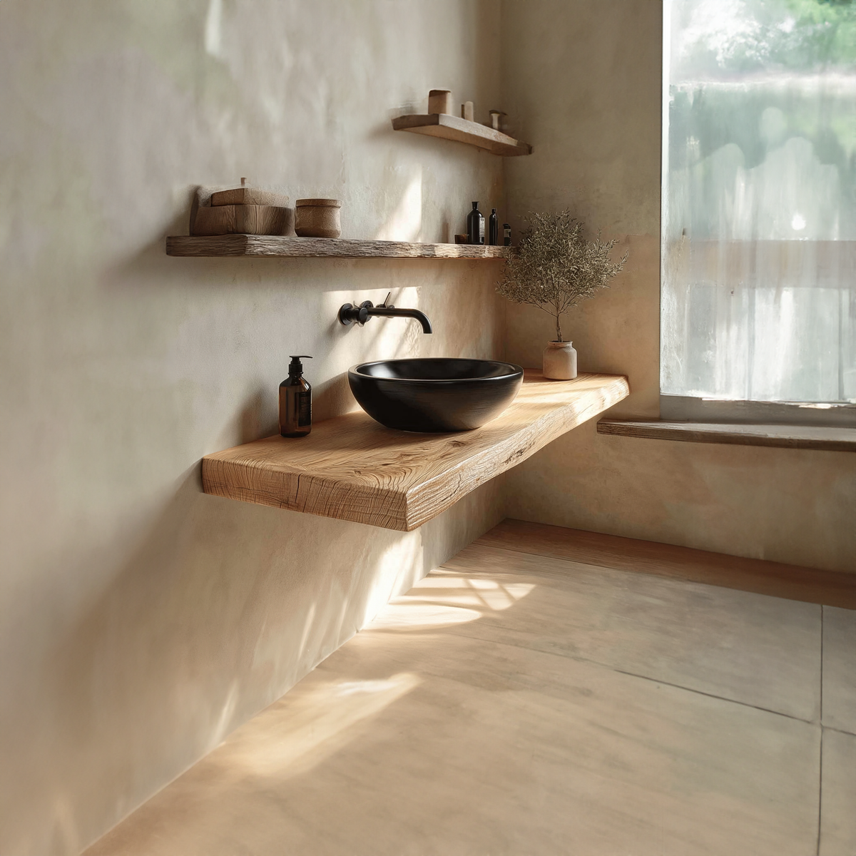 Natural Edge Floating Vanity, Rustic Reclaimed Wood Washroom Shelf