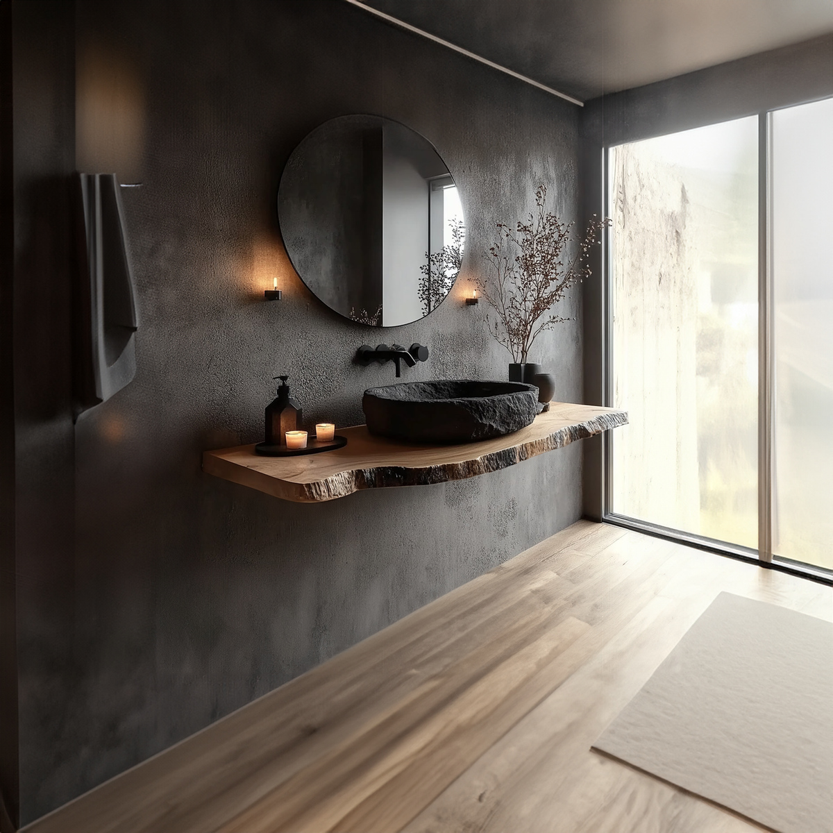 Floating Bathroom Vanity Shelf, Rustic Live Edge Solid Wood Countertop