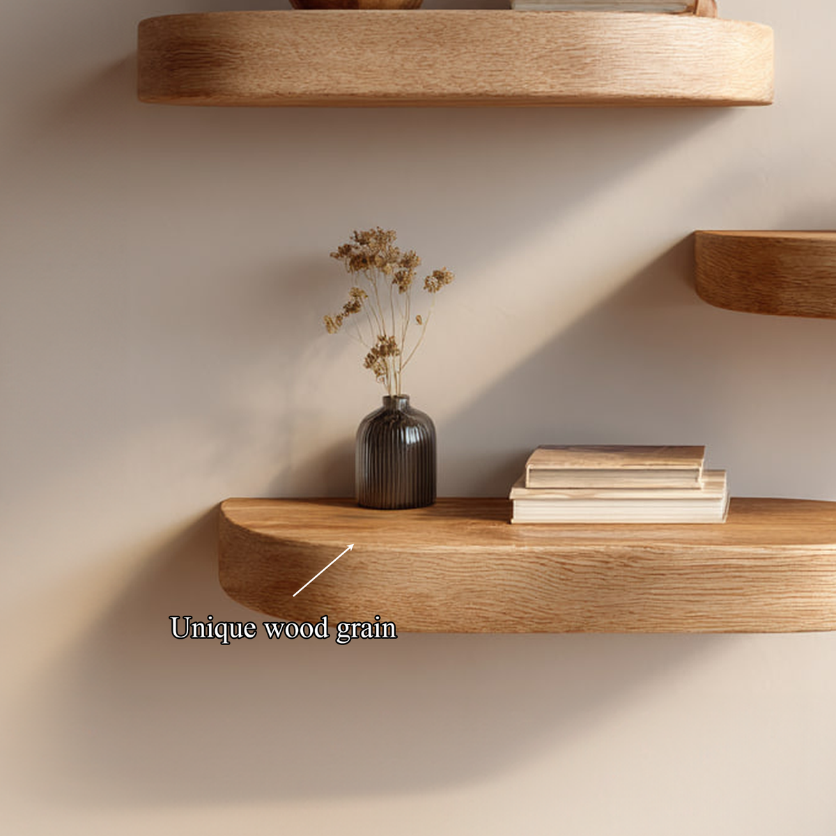 Mid Century Floating Shelf, Solid Wood Wall Shelf with Branch Support