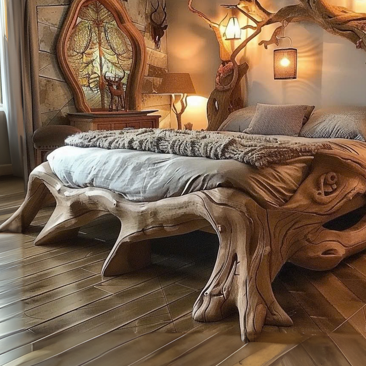 Rustic Solid Wood Bed Frame, Curved Natural Edge Queen or King Bed