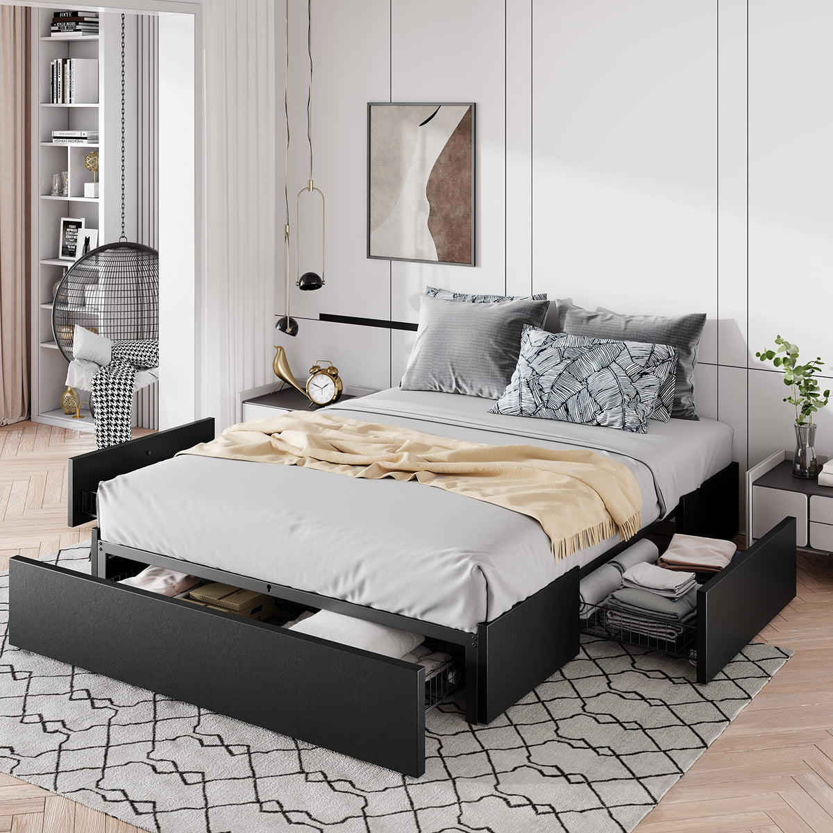 Allewie Queen Platform Bed Frame With 3 Storage Drawers