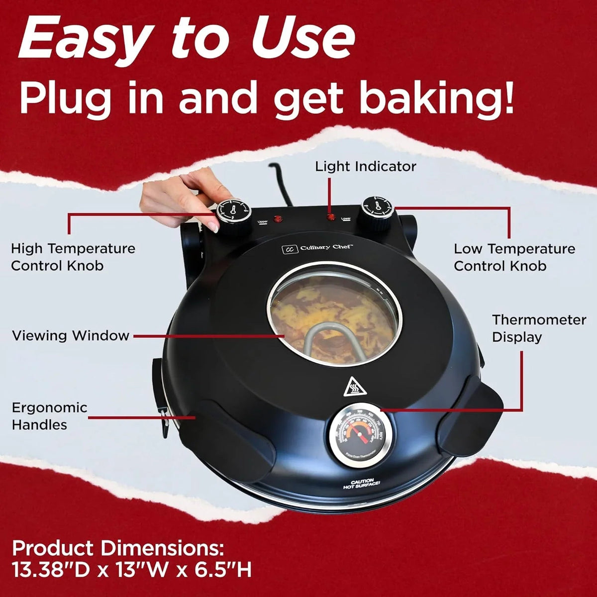 Electric Pizza Oven With Ceramic Stone, 1200W, 12 in Capacity - CCPP1200