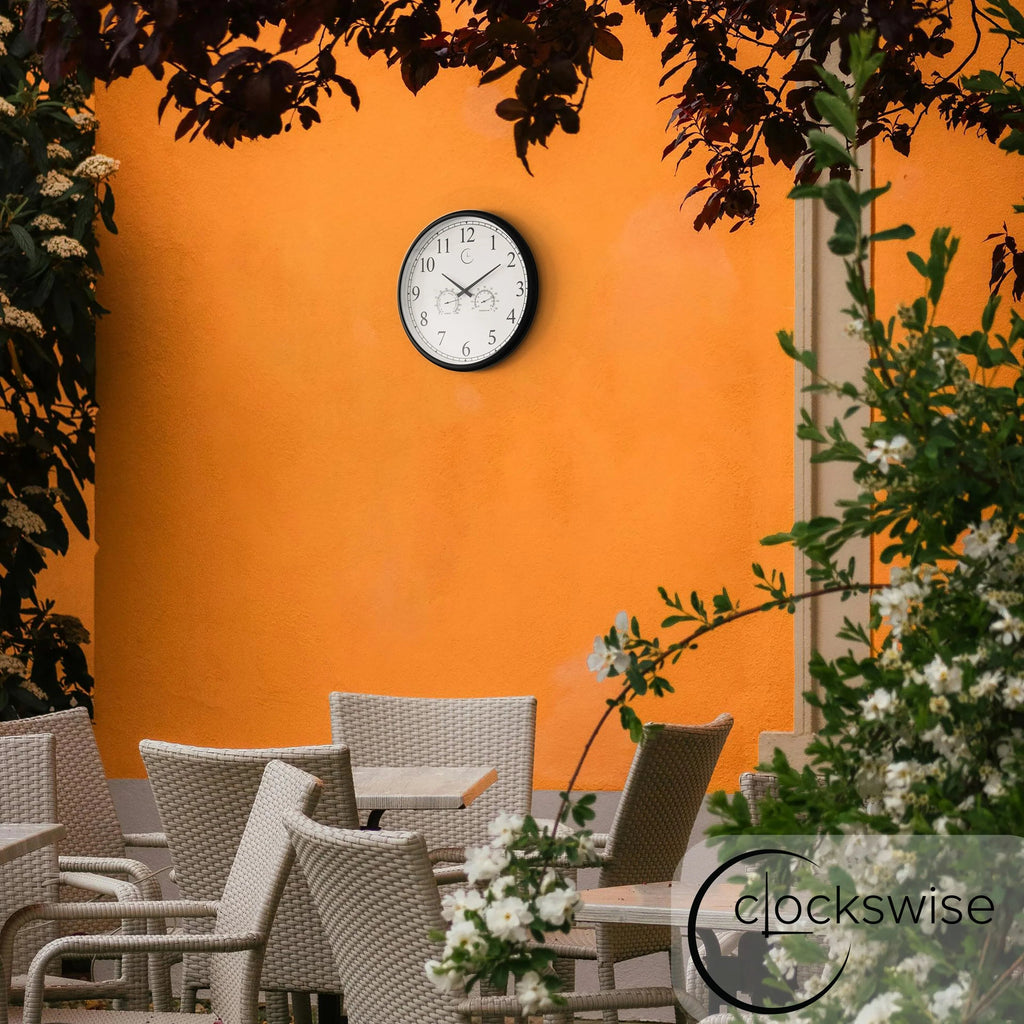 Outdoor Wall Clock With Thermometer And Hygrometer, 24-Inch, Black