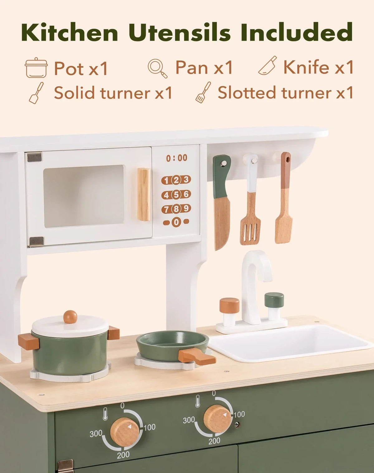 Robud Wooden Kids Kitchen Play Set With Ice Maker, Vintage Green, Ages 3+ - 21.65 x 11.65 x 31.5 in