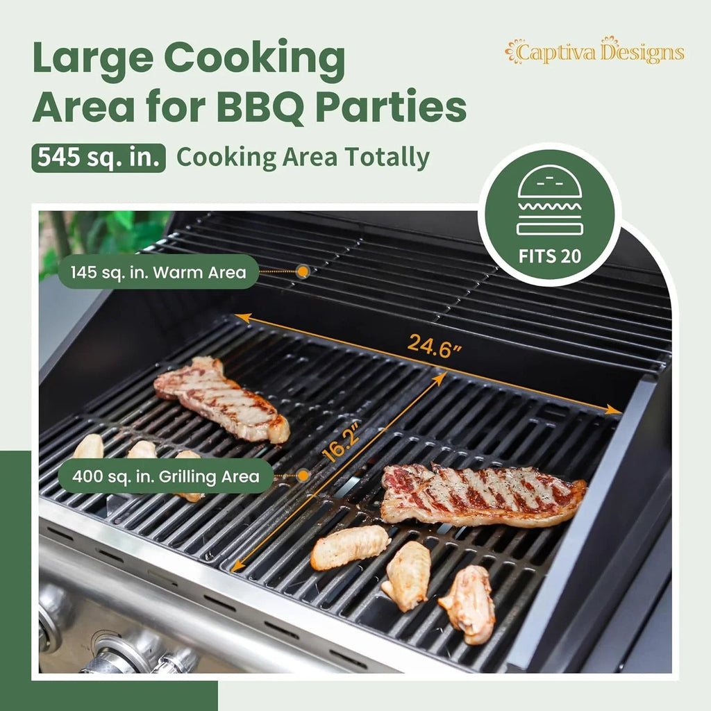 Captiva Designs 4-Burner Propane Gas Grill With Side Burner, 42,000 BTU, Silver - GR001