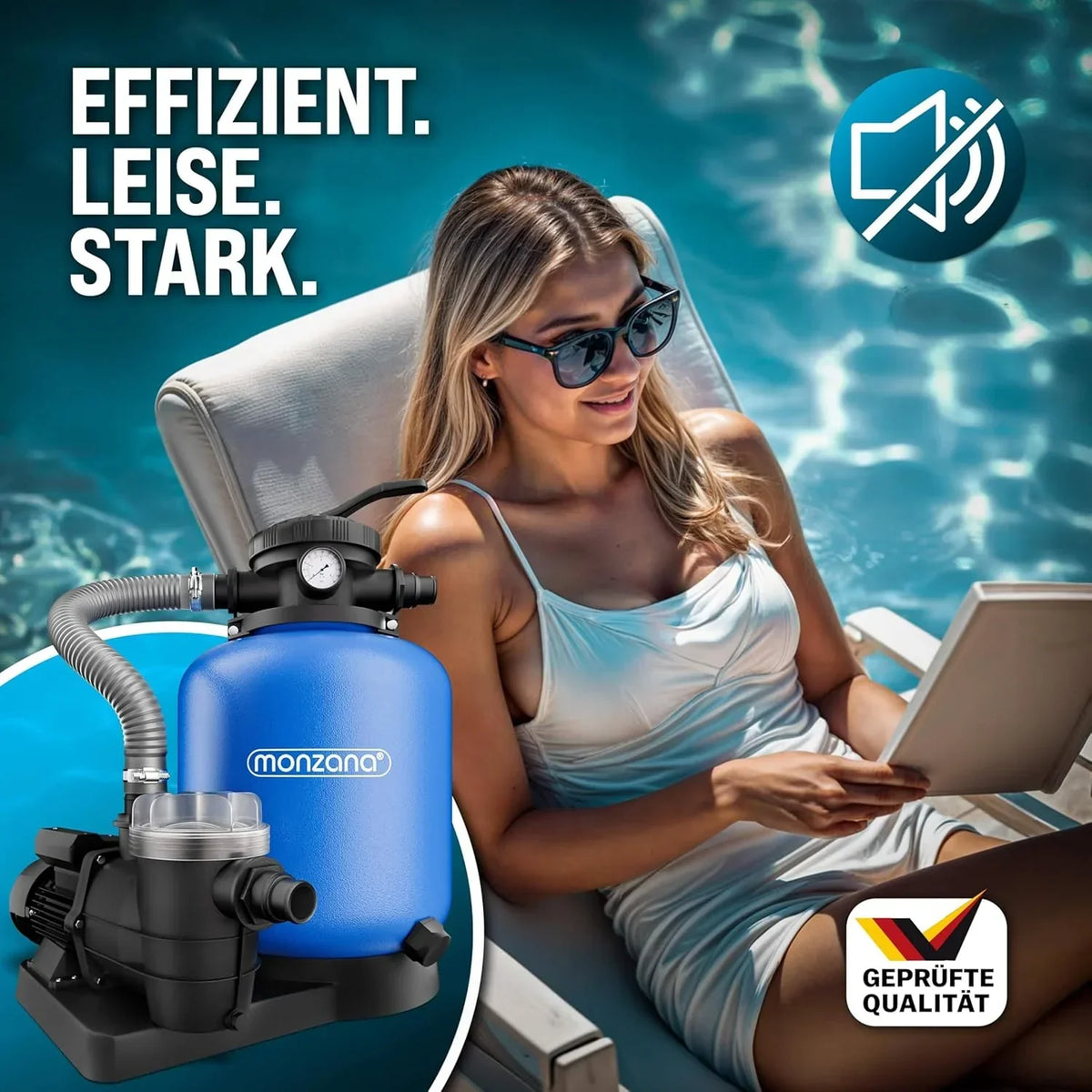 MONZANA Pool Sand Filter System 13.200L/h, 58.000L Pool, 600W, 30L Tank, 32-38mm Adapter - SF110K