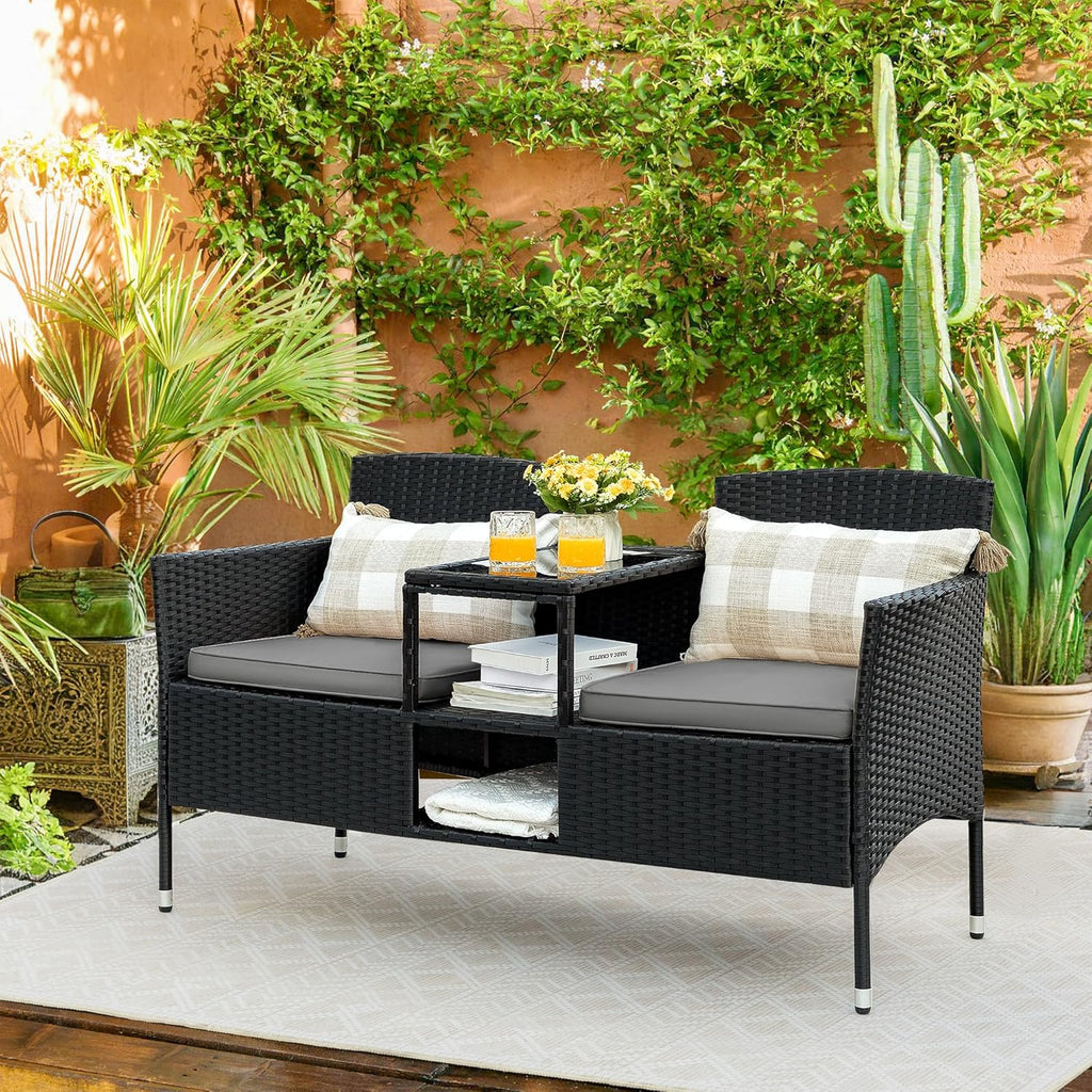 Flamaker Outdoor Wicker Patio Loveseat With Built-In Table And Cushions, Beige - 49.2 x 21.3 x 30.9 in