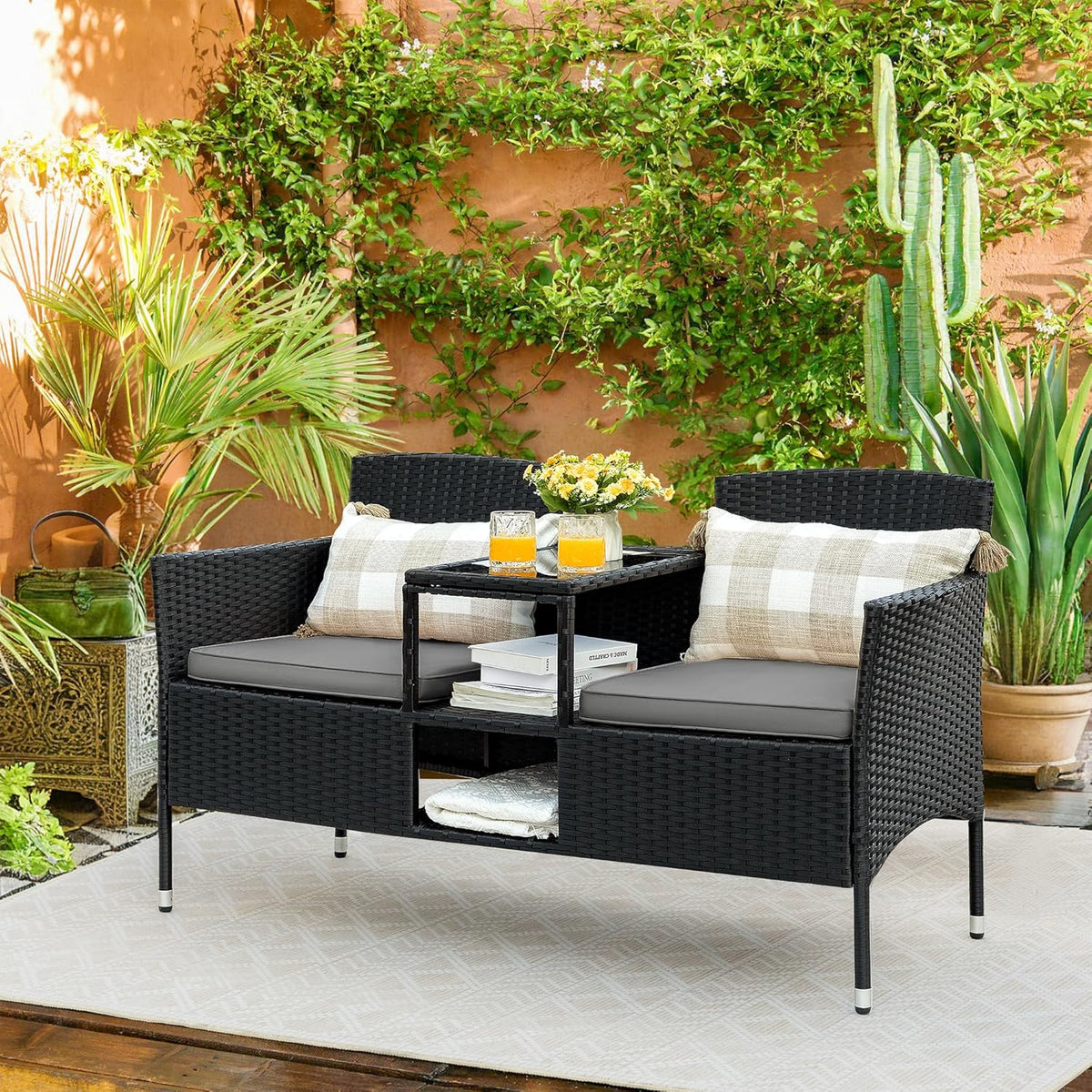 Flamaker Outdoor Wicker Patio Loveseat With Built-In Table And Cushions, Beige - 49.2 x 21.3 x 30.9 in
