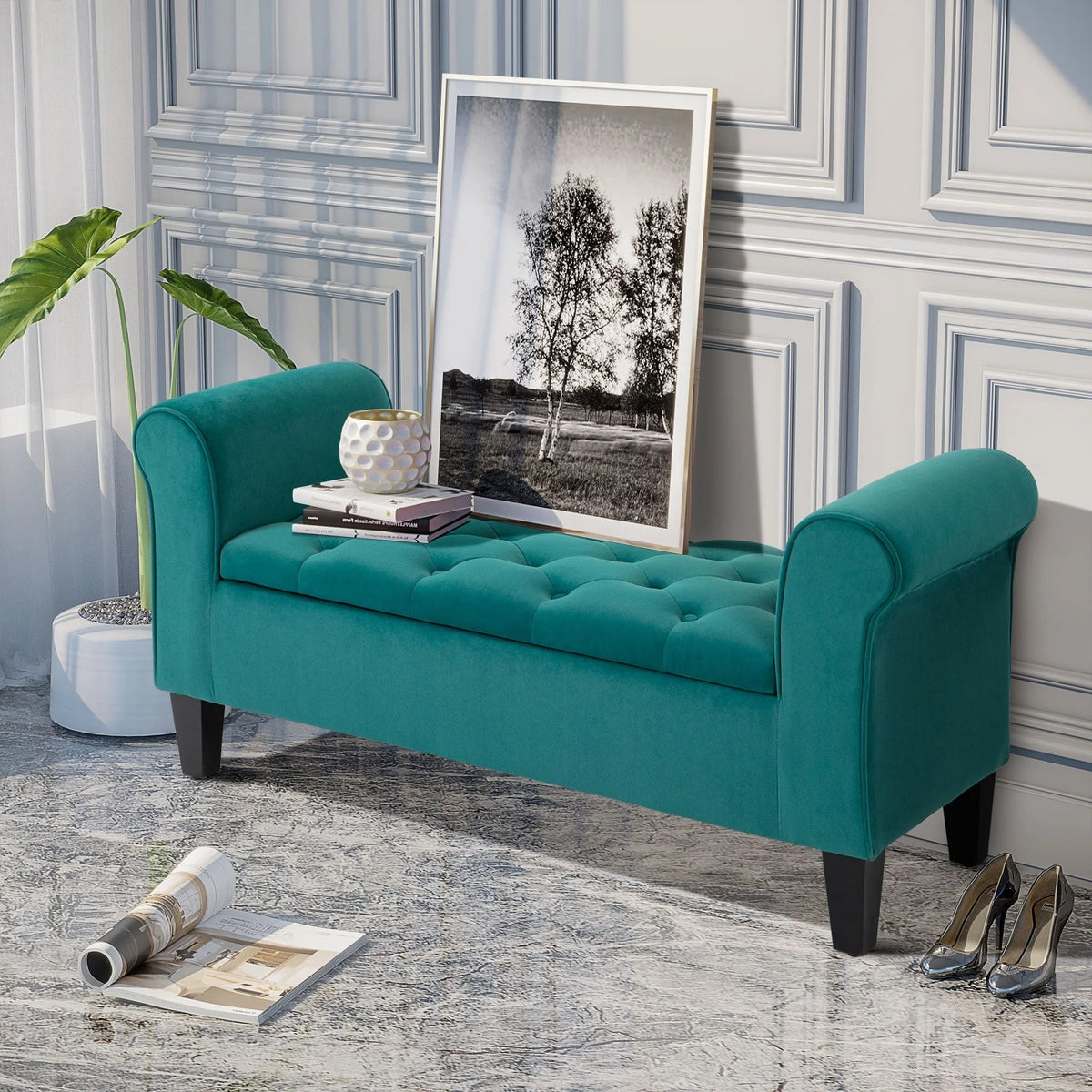 Button-Tufted Storage Ottoman Bench, Polyester and Rubberwood, 53.25in W x 17.75in D x 25.5in H