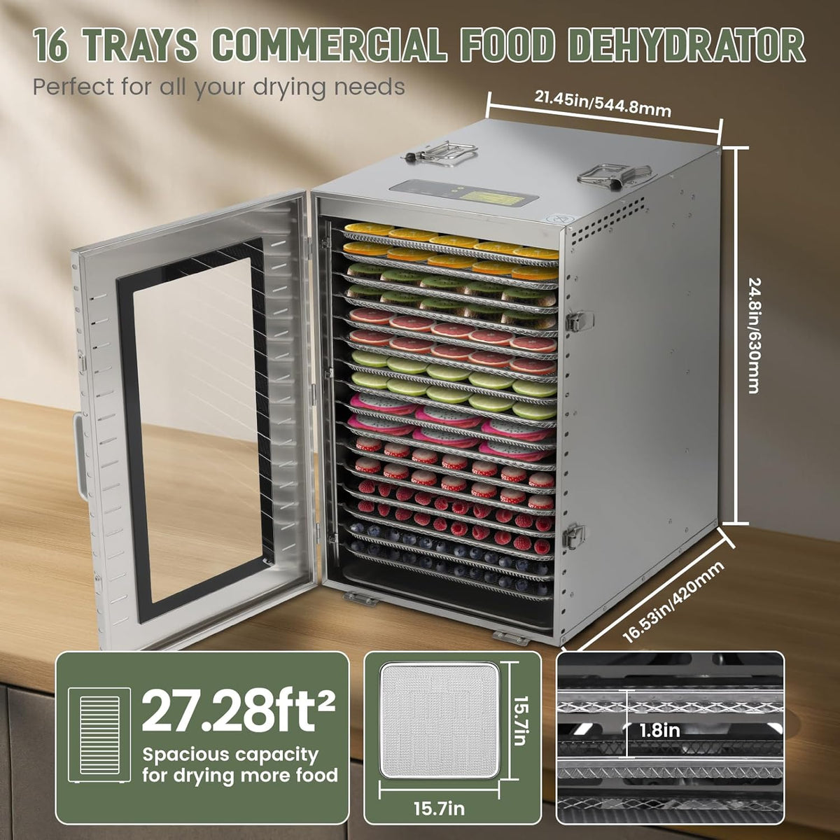 Commercial Food Dehydrator, 16 Trays, 1500W, 70-190 F