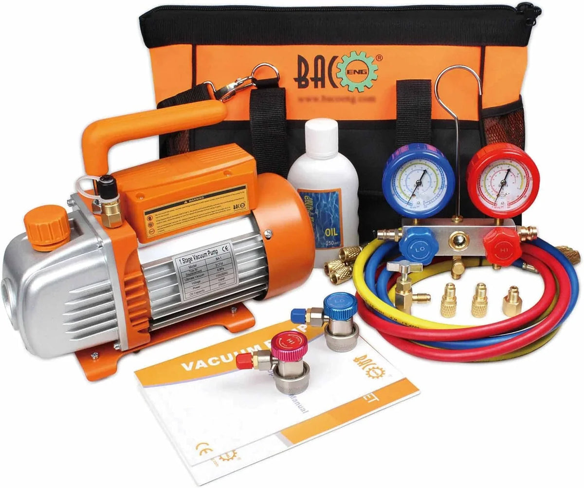 BACOENG HVAC/Auto AC Vacuum Pump And Manifold Gauge Set With 3 x 150 cm Hoses - R134A R410A R407C R32