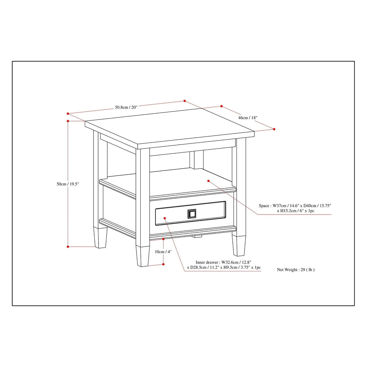 Solid Wood Rectangle End Table With Drawer And Shelf, 18.1in D x 20in W x 19.5in H - Norfolk