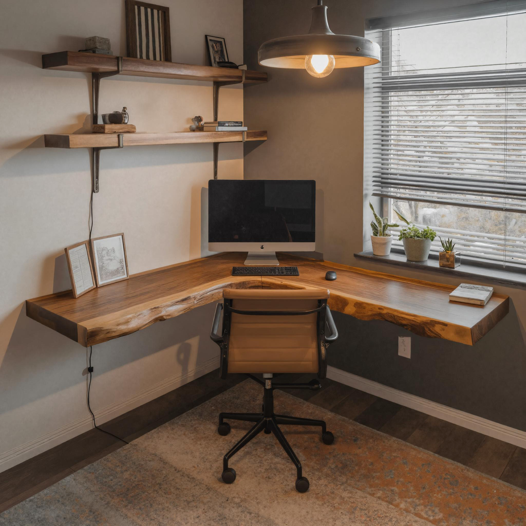 Live Edge Corner Desk, Modern Floating Solid Wood Desk for Home Office