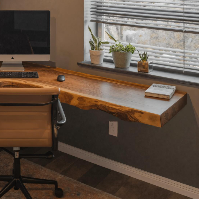 Live Edge Corner Desk, Modern Floating Solid Wood Desk for Home Office