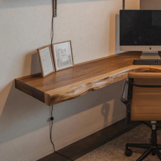 Live Edge Corner Desk, Modern Floating Solid Wood Desk for Home Office