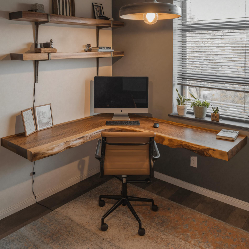 Live Edge Corner Desk, Modern Floating Solid Wood Desk for Home Office