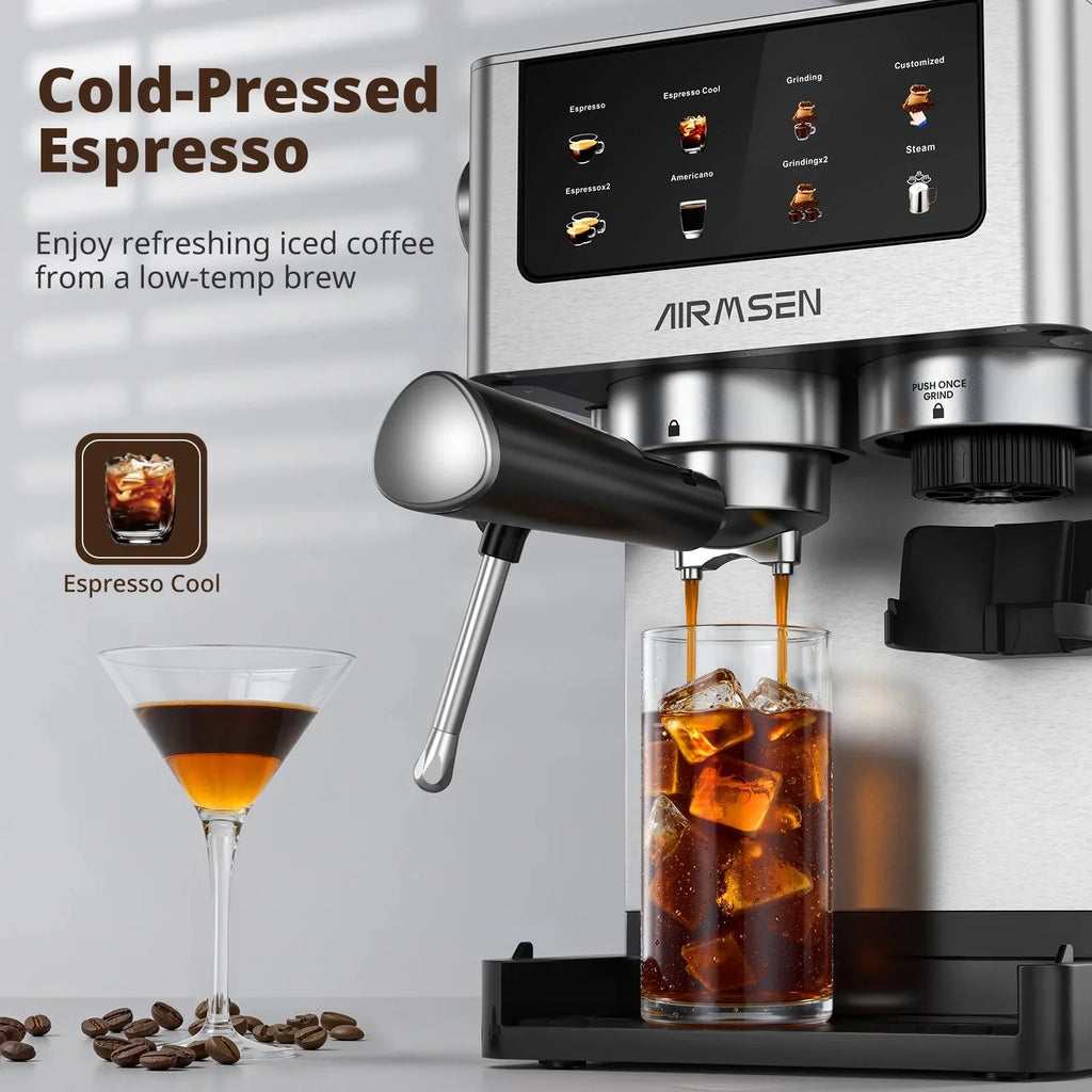 AIRMSEN Espresso Machine With Grinder, 20-Bar, 1350W, 63oz, Brushed Stainless Steel