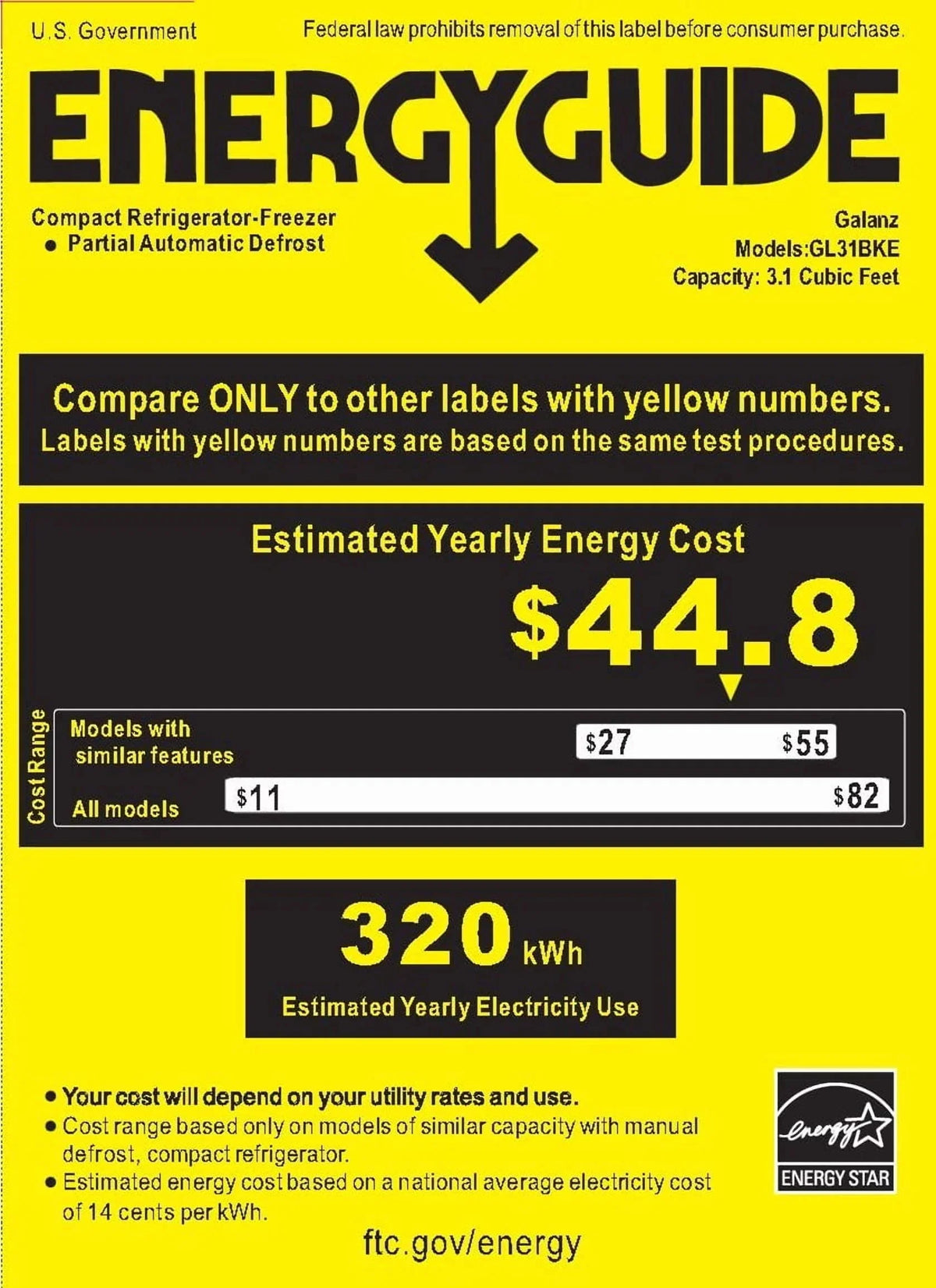 Galanz Two Door Mini Fridge, 3.1 Cu Ft, Black