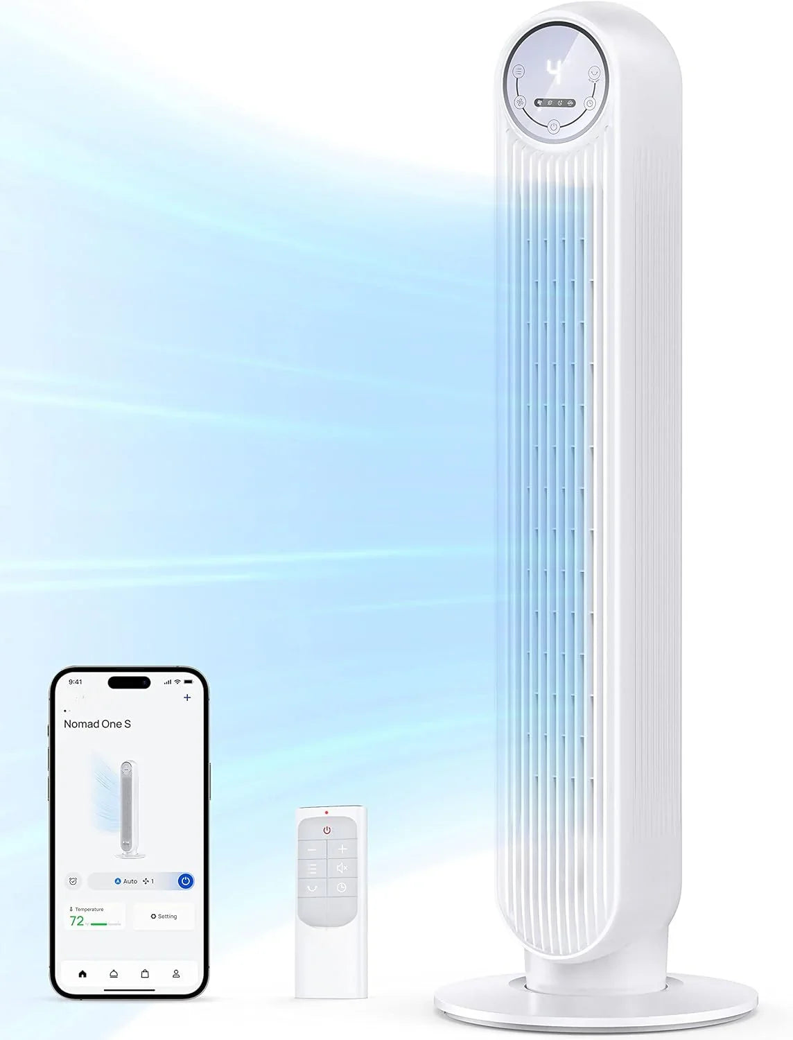 Nomad One S Smart Tower Fan, White, 36inch, 90 Degree Oscillation, WiFi, Remote - Nomad One S