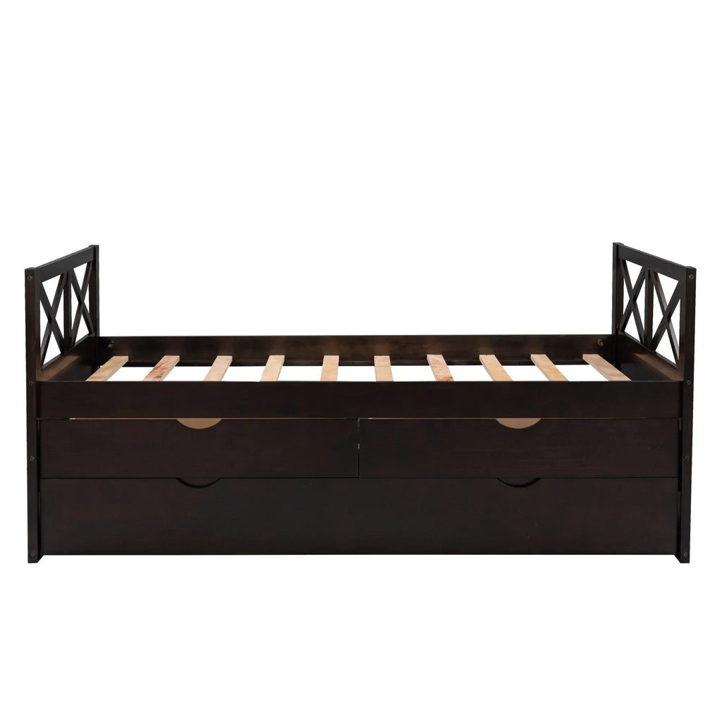 Captain Wood Twin Bed With Trundle And 3 Drawers, Brown, 78.9 in L x 42.7 in W x 36.2 in H