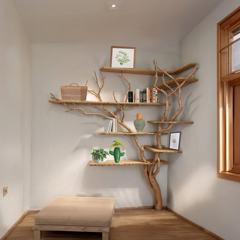 Driftwood Tree Bookshelf, Wall Mounted Live Edge Corner Branch Shelf